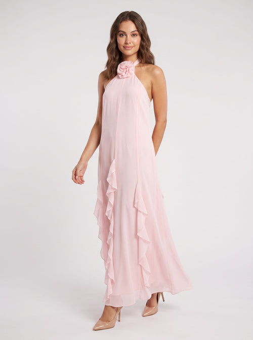 Blushing Pink Chiffon A-Line Halter neckline Back Zip Floor-Length Dress with 3D Flowers and Ruffles