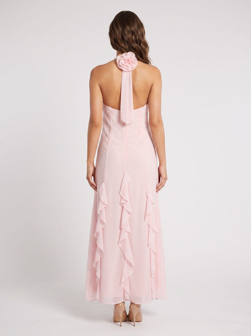 Blushing Pink Chiffon A-Line Halter neckline Back Zip Floor-Length Dress with 3D Flowers and Ruffles