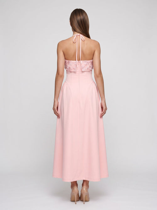 Blushing Pink Matte Satin A-Line Halter neckline Back Zip Floor-Length Dress with Foldover floral embroidered bust