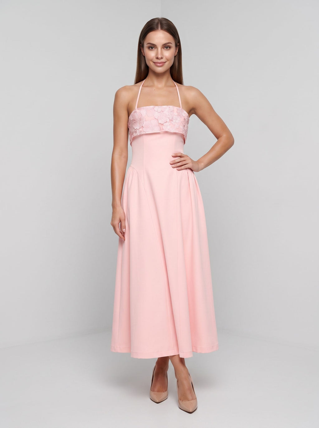Blushing Pink Matte Satin A-Line Halter neckline Back Zip Floor-Length Dress with Foldover floral embroidered bust