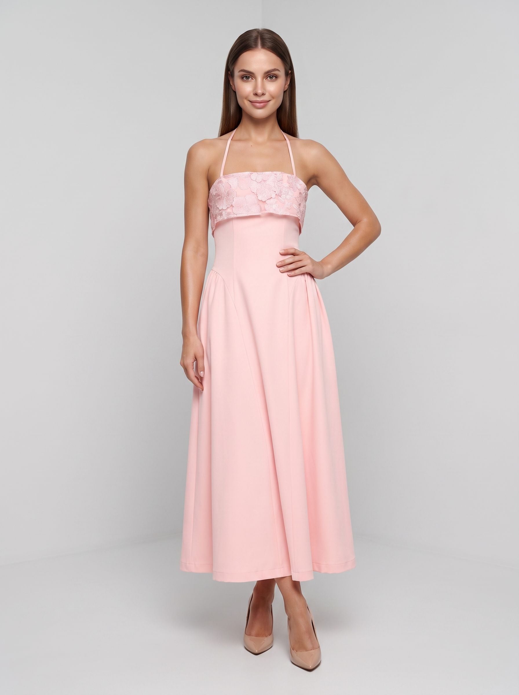 Blushing Pink Matte Satin A-Line Halter neckline Back Zip Floor-Length Dress with Foldover floral embroidered bust