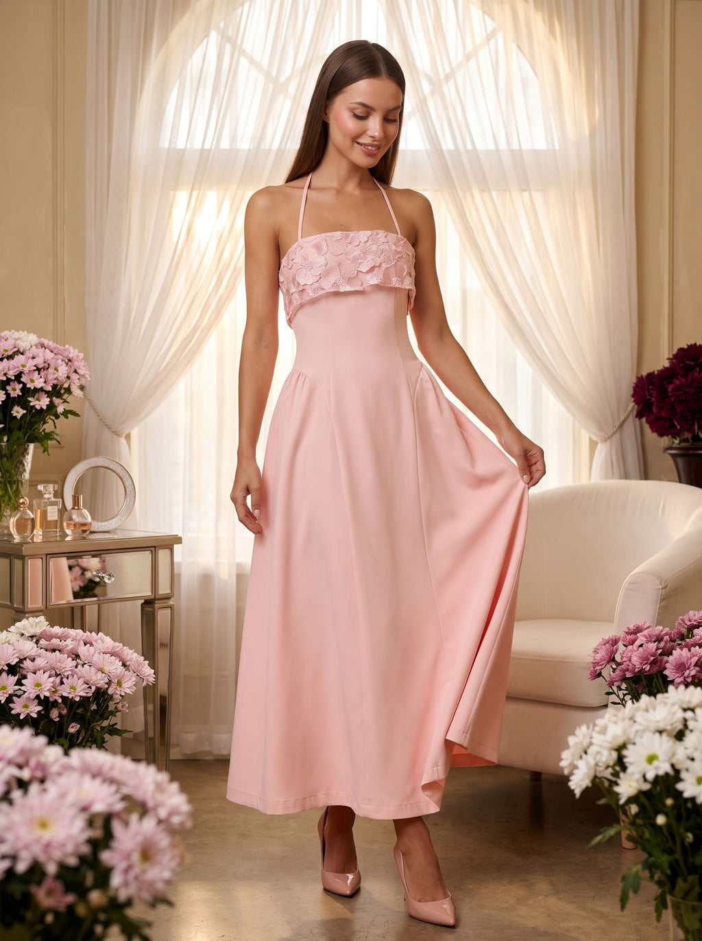 Blushing Pink Matte Satin A-Line Halter neckline Back Zip Floor-Length Dress with Foldover floral embroidered bust