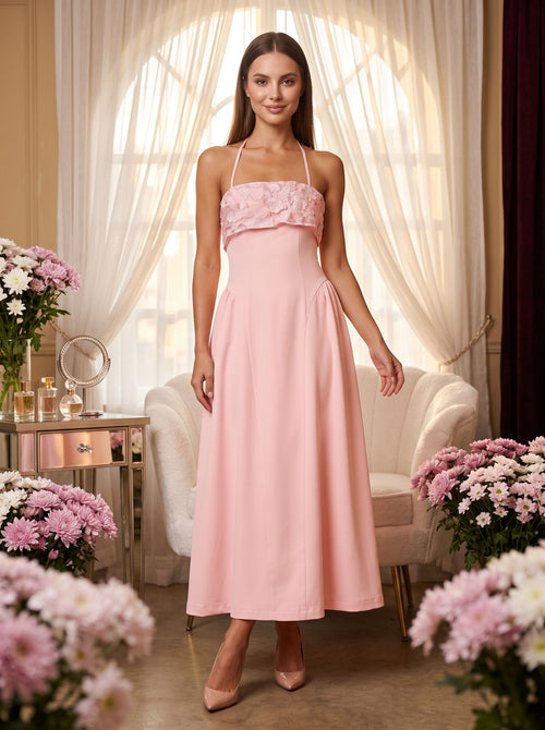 Blushing Pink Matte Satin A-Line Halter neckline Back Zip Floor-Length Dress with Foldover floral embroidered bust