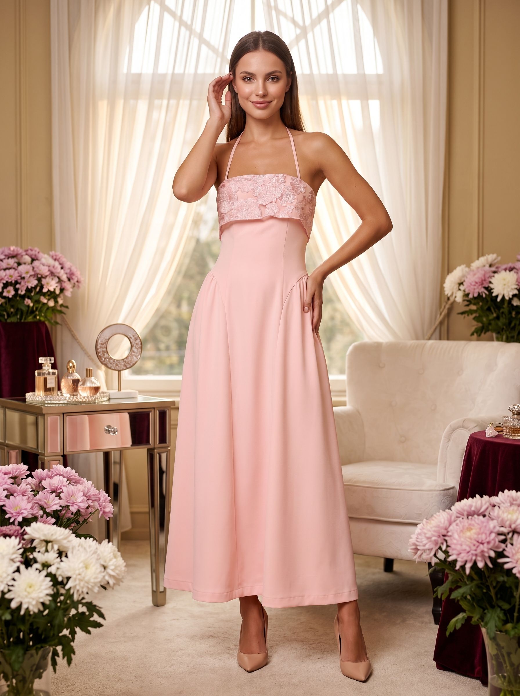 Blushing Pink Matte Satin A-Line Halter neckline Back Zip Floor-Length Dress with Foldover floral embroidered bust