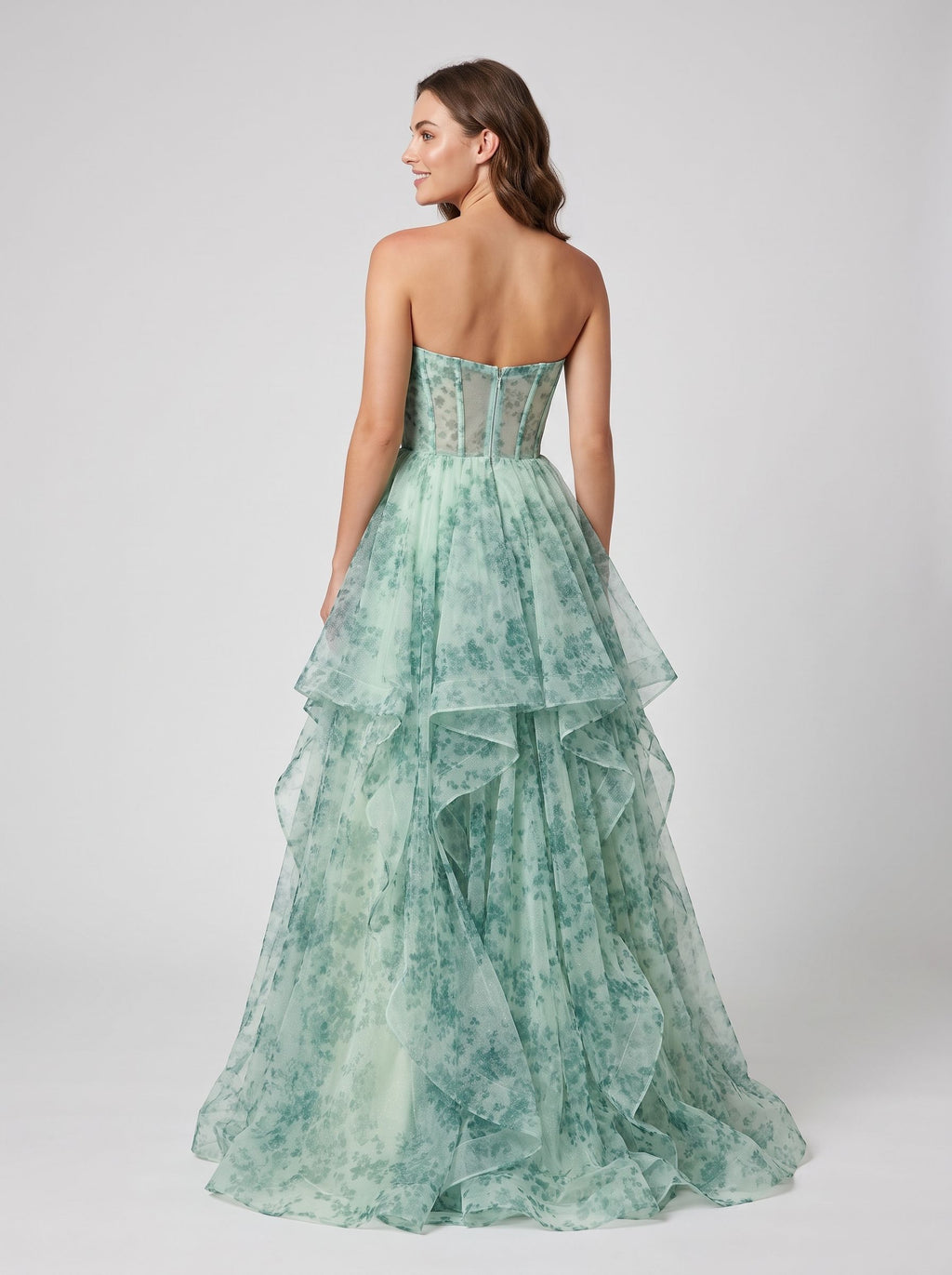 Green Floral Tulle A-Line Sweetheart Back Zip Floor-Length Dress with Tiered Ruffles and Rose