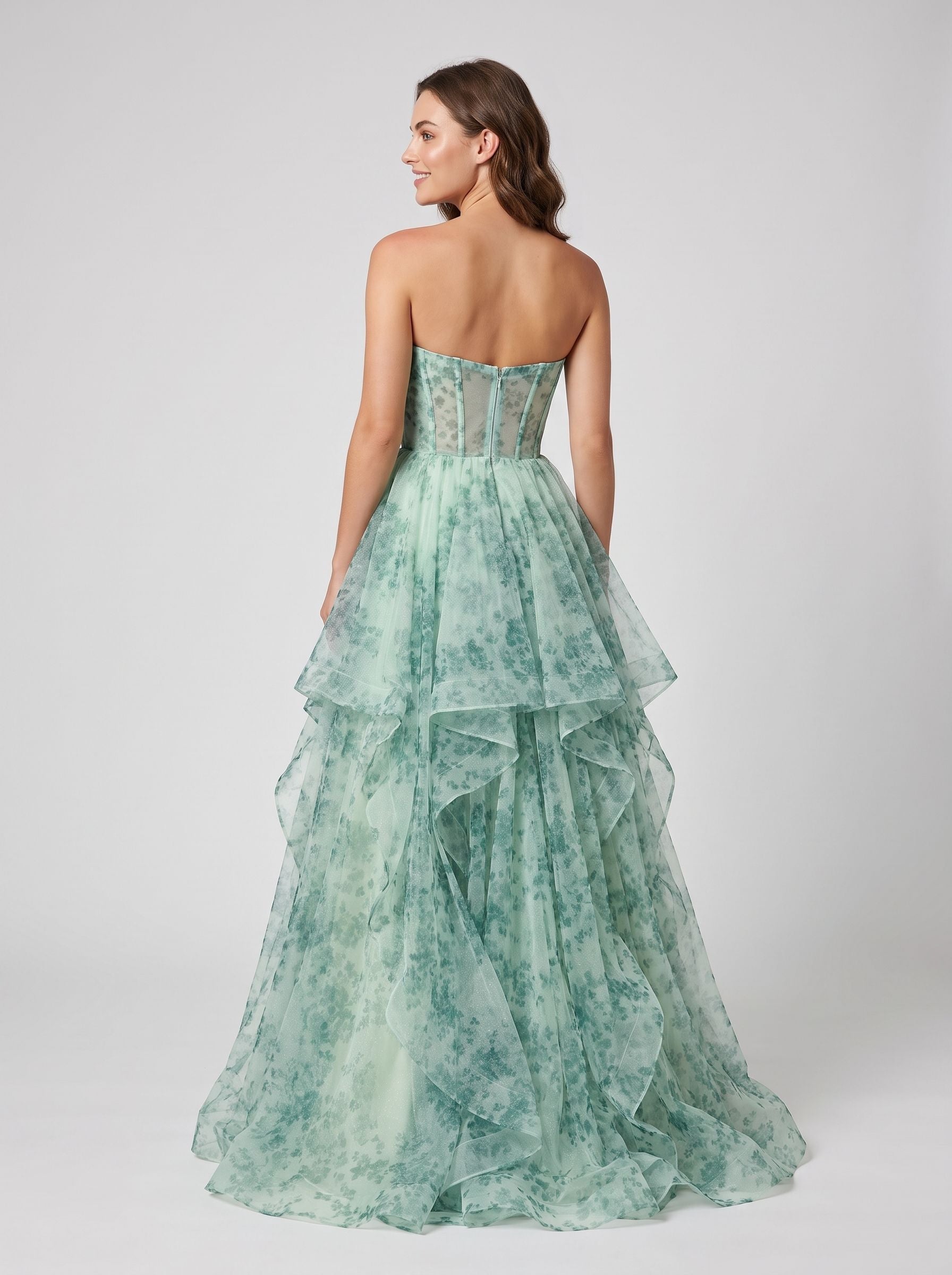 Green Floral Tulle A-Line Sweetheart Back Zip Floor-Length Dress with Tiered Ruffles and Rose