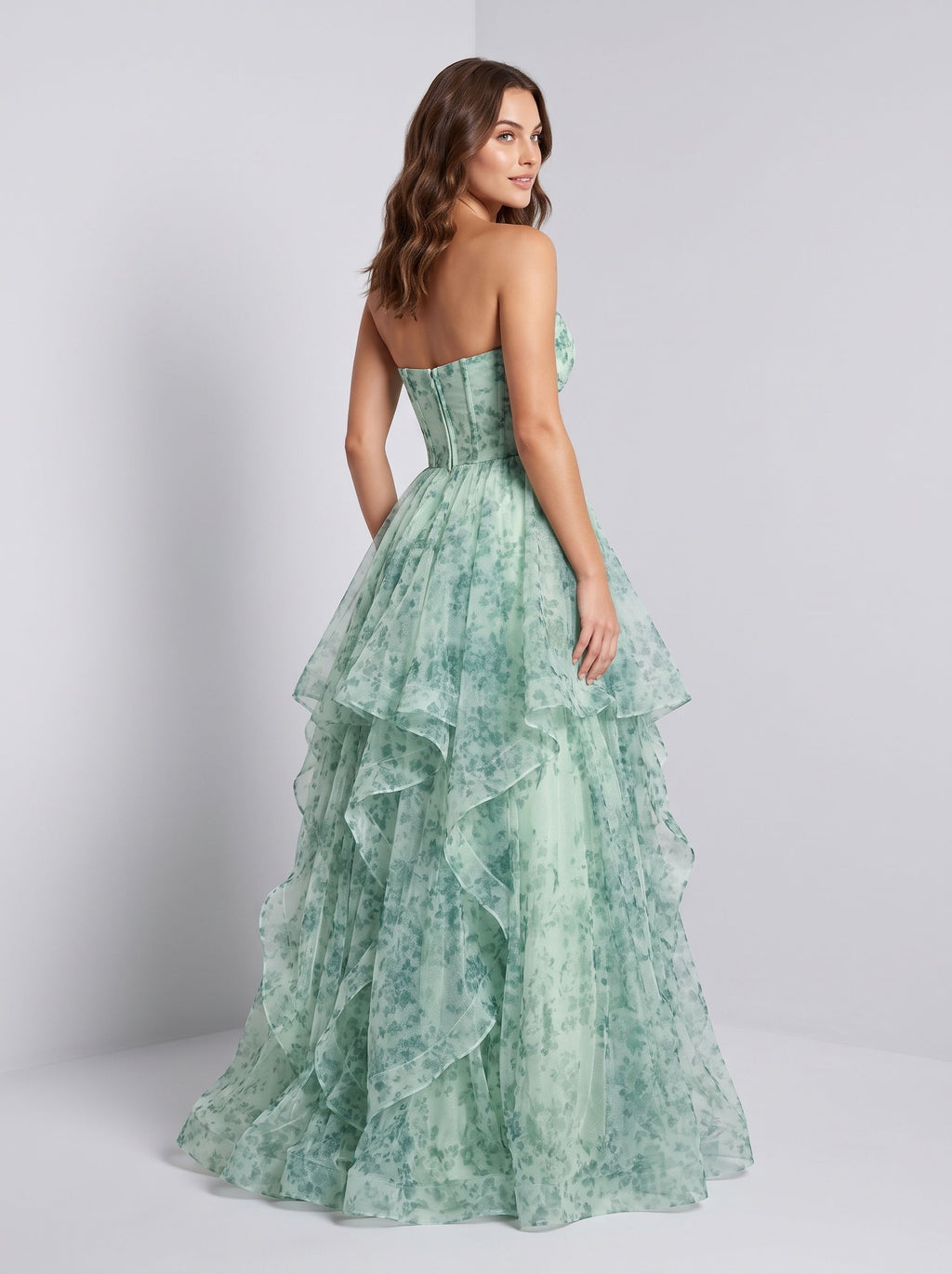 Green Floral Tulle A-Line Sweetheart Back Zip Floor-Length Dress with Tiered Ruffles and Rose