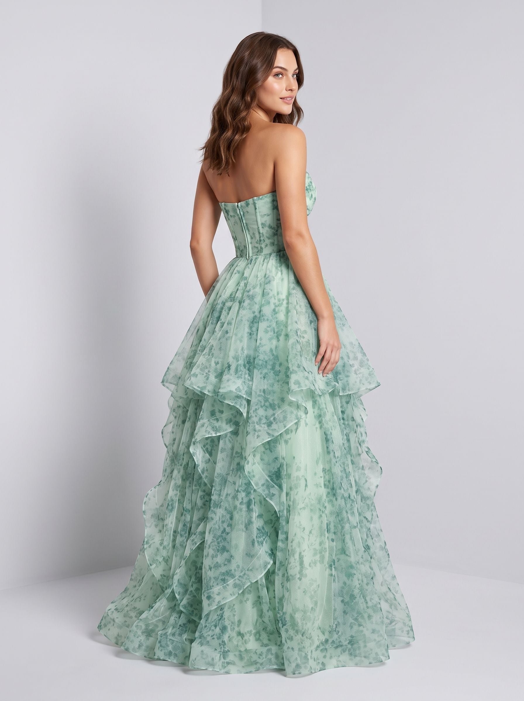 Green Floral Tulle A-Line Sweetheart Back Zip Floor-Length Dress with Tiered Ruffles and Rose