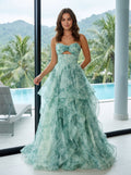 Green Floral Tulle A-Line Sweetheart Back Zip Floor-Length Dress with Tiered Ruffles and Rose
