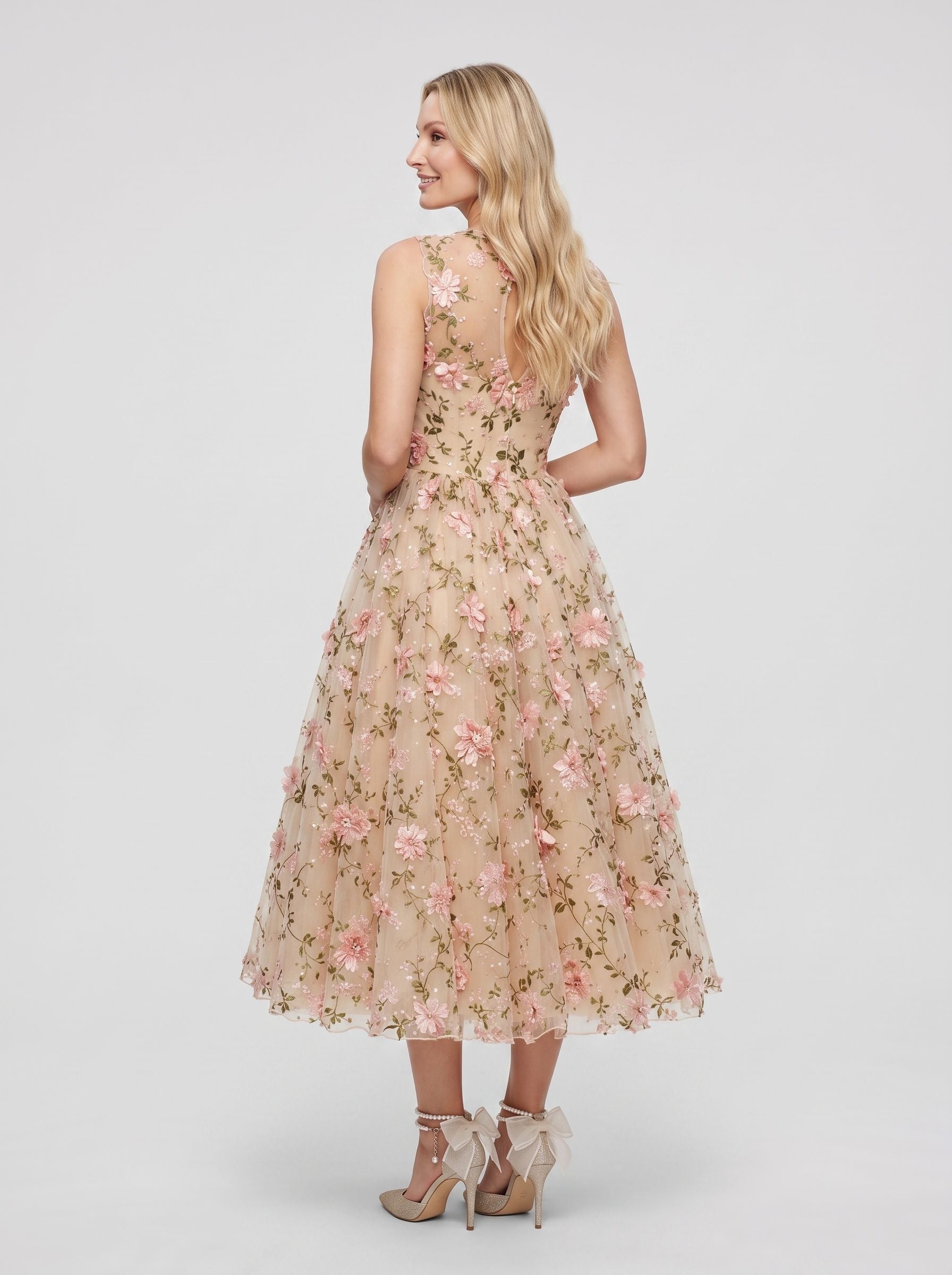 Blush Floral Tulle A-Line Scoop Neck Keyhole back Tea-Length with 3D Floral Appliques