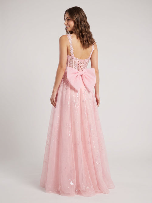 Blush Glitter Tulle A-Line Sweetheart Corset Back Floor-Length Dress with Sequined Embroidery