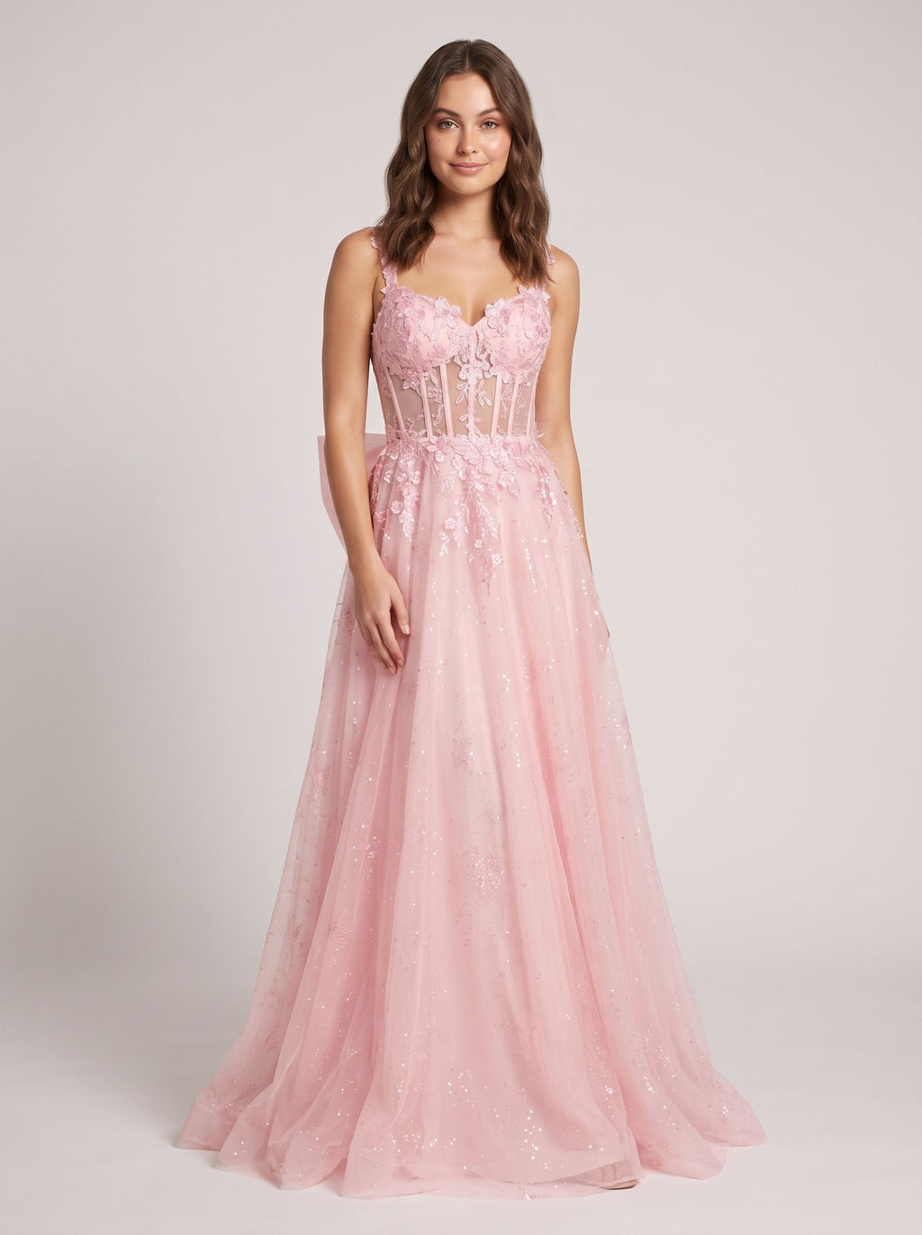 Blush Glitter Tulle A-Line Sweetheart Corset Back Floor-Length Dress with Sequined Embroidery