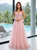 Blush Glitter Tulle A-Line Sweetheart Corset Back Floor-Length Dress with Sequined Embroidery