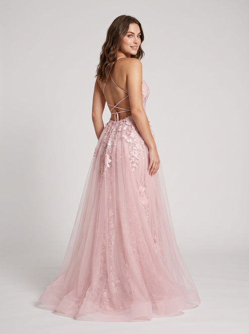 Blush Lace & Tulle A-Line V-Neck Backless Floor-Length Dress with Removable Overskirt