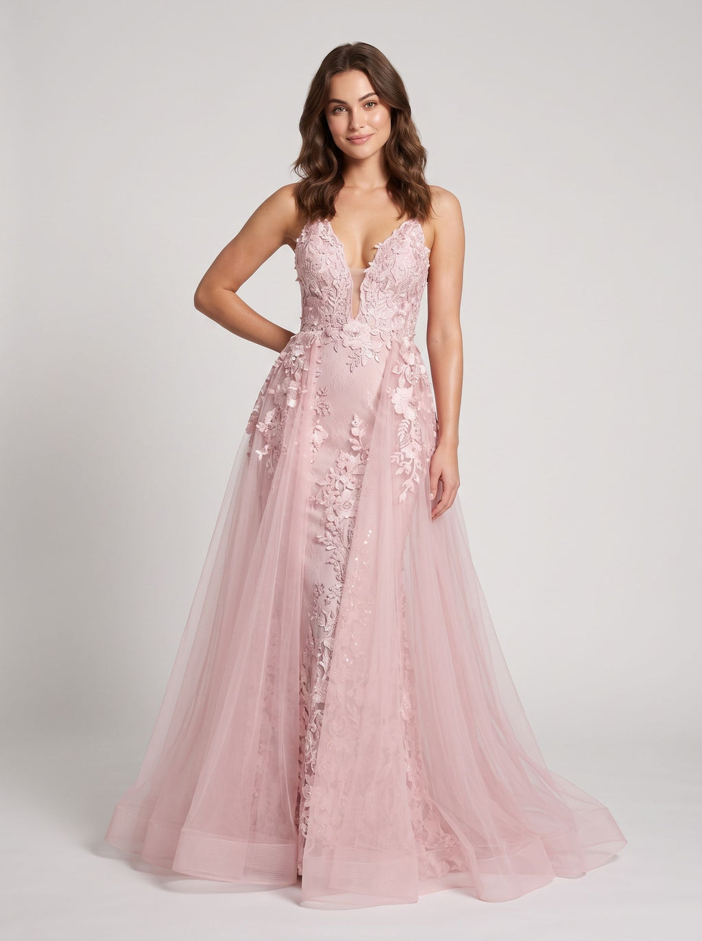 Blush Lace & Tulle A-Line V-Neck Backless Floor-Length Dress with Removable Overskirt