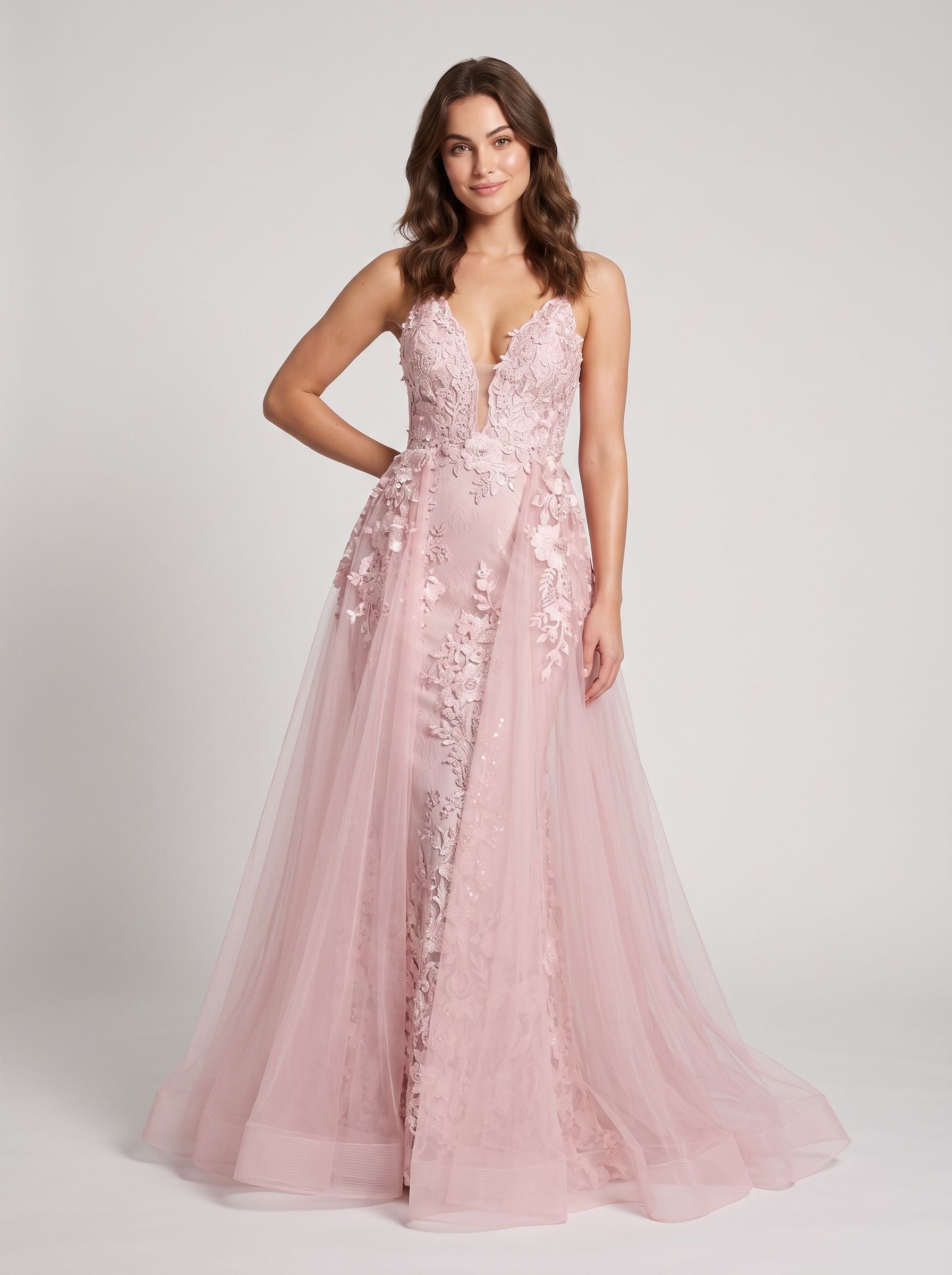 Blush Lace & Tulle A-Line V-Neck Backless Floor-Length Dress with Removable Overskirt