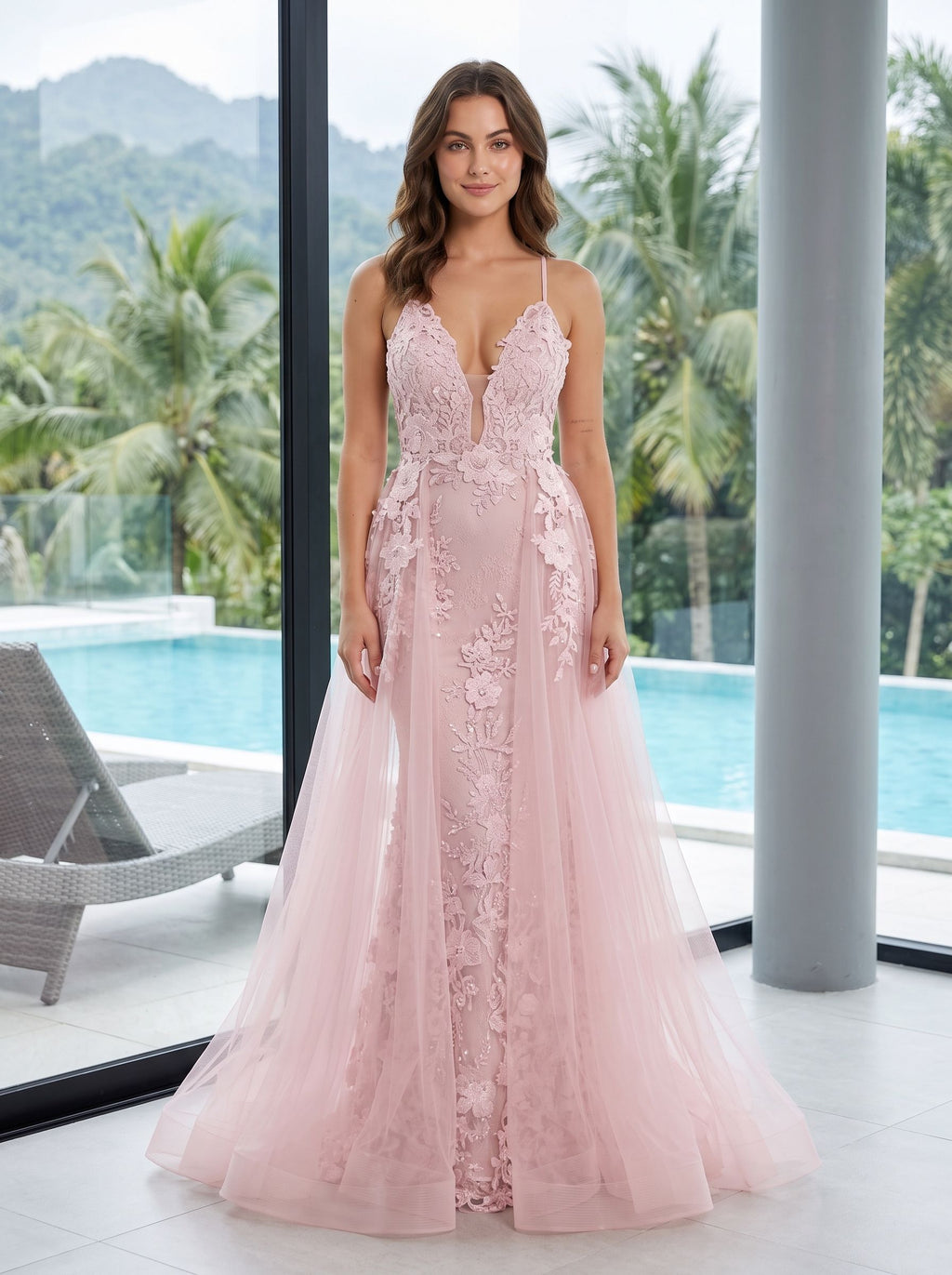 Blush Lace & Tulle A-Line V-Neck Backless Floor-Length Dress with Removable Overskirt