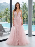 Blush Lace & Tulle A-Line V-Neck Backless Floor-Length Dress with Removable Overskirt