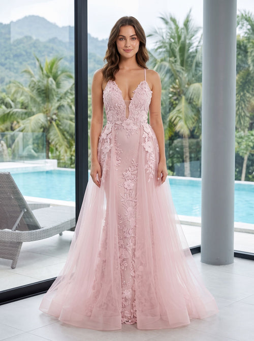 Blush Lace & Tulle A-Line V-Neck Backless Floor-Length Dress with Removable Overskirt