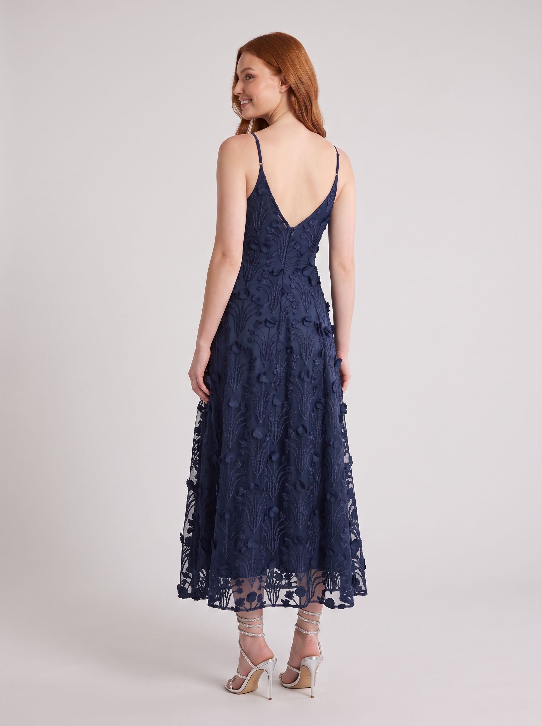 Navy Blue Lace A-Line V-Neck Back Zip Tea-Length with Built-in Bra