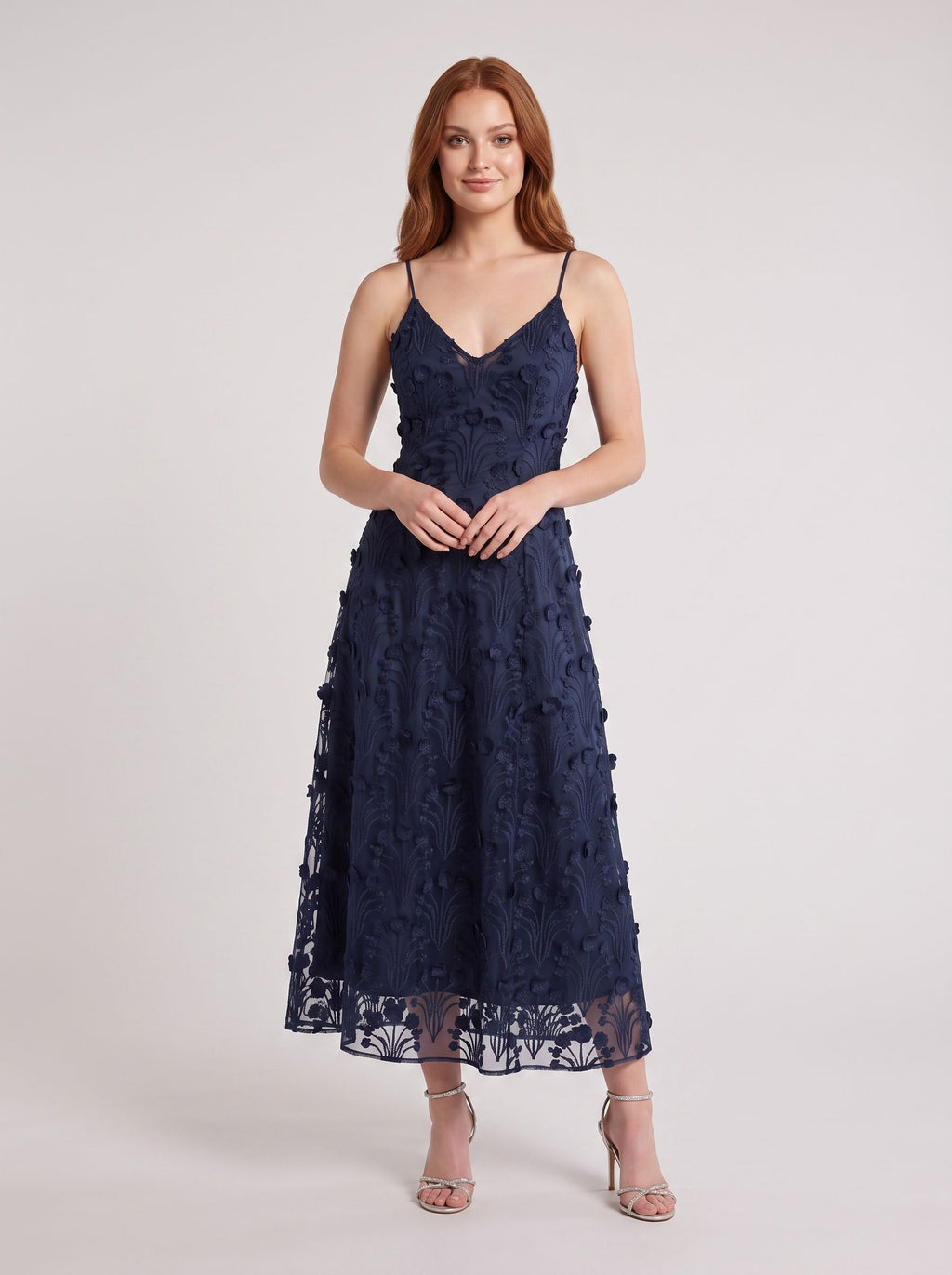 Navy Blue Lace A-Line V-Neck Back Zip Tea-Length with Built-in Bra