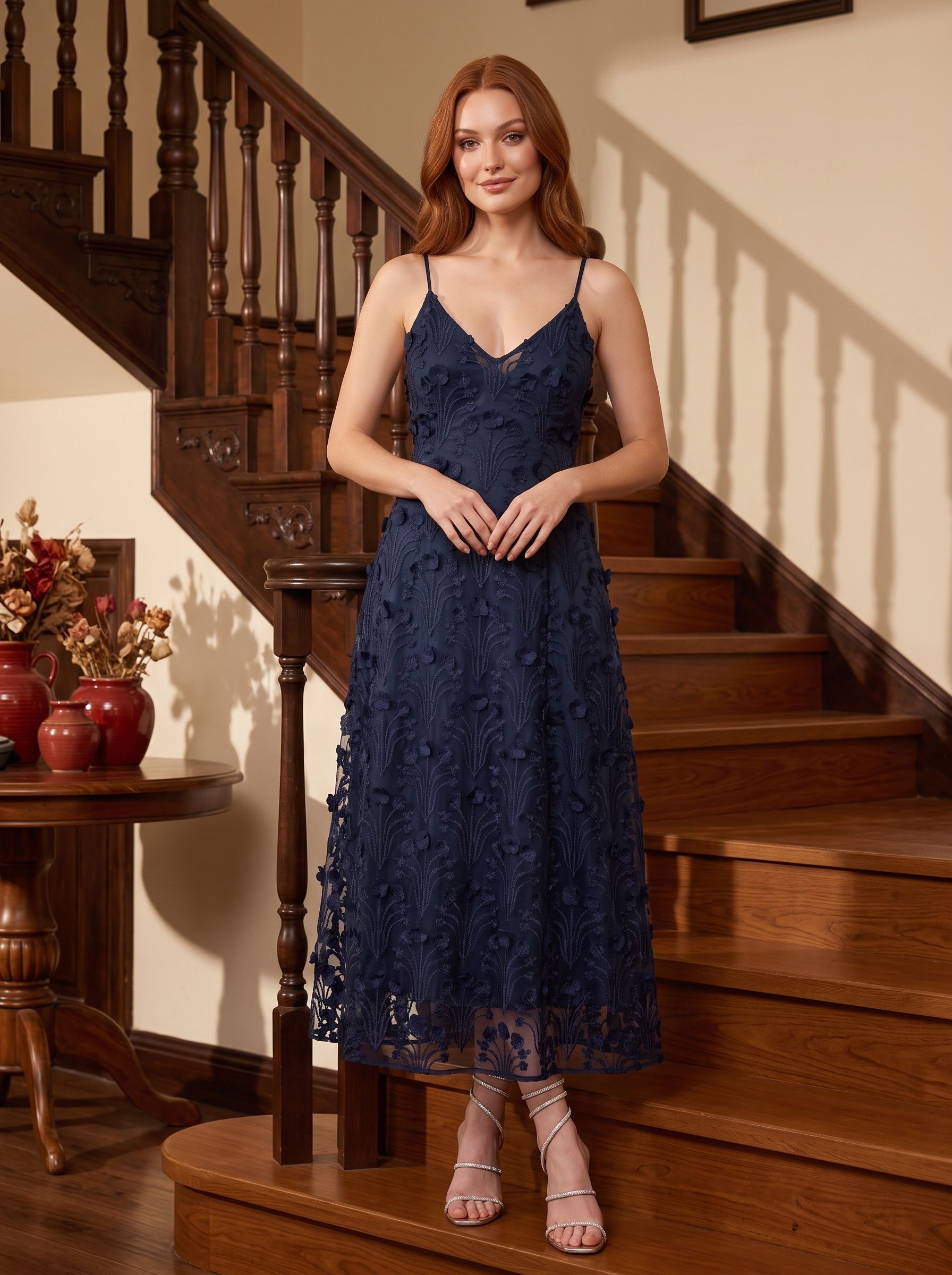 Navy Blue Lace A-Line V-Neck Back Zip Tea-Length with Built-in Bra