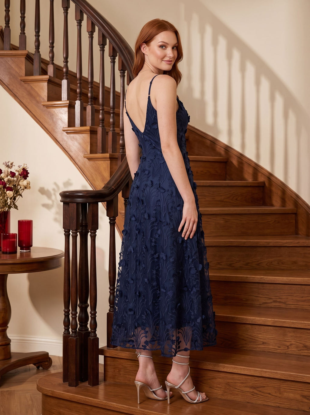 Navy Blue Lace A-Line V-Neck Back Zip Tea-Length with Built-in Bra