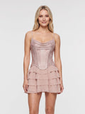 Pink Chiffon A-Line Cowl Neck Lace-up Mini Dress with Crystal Embellishments and Ruffles