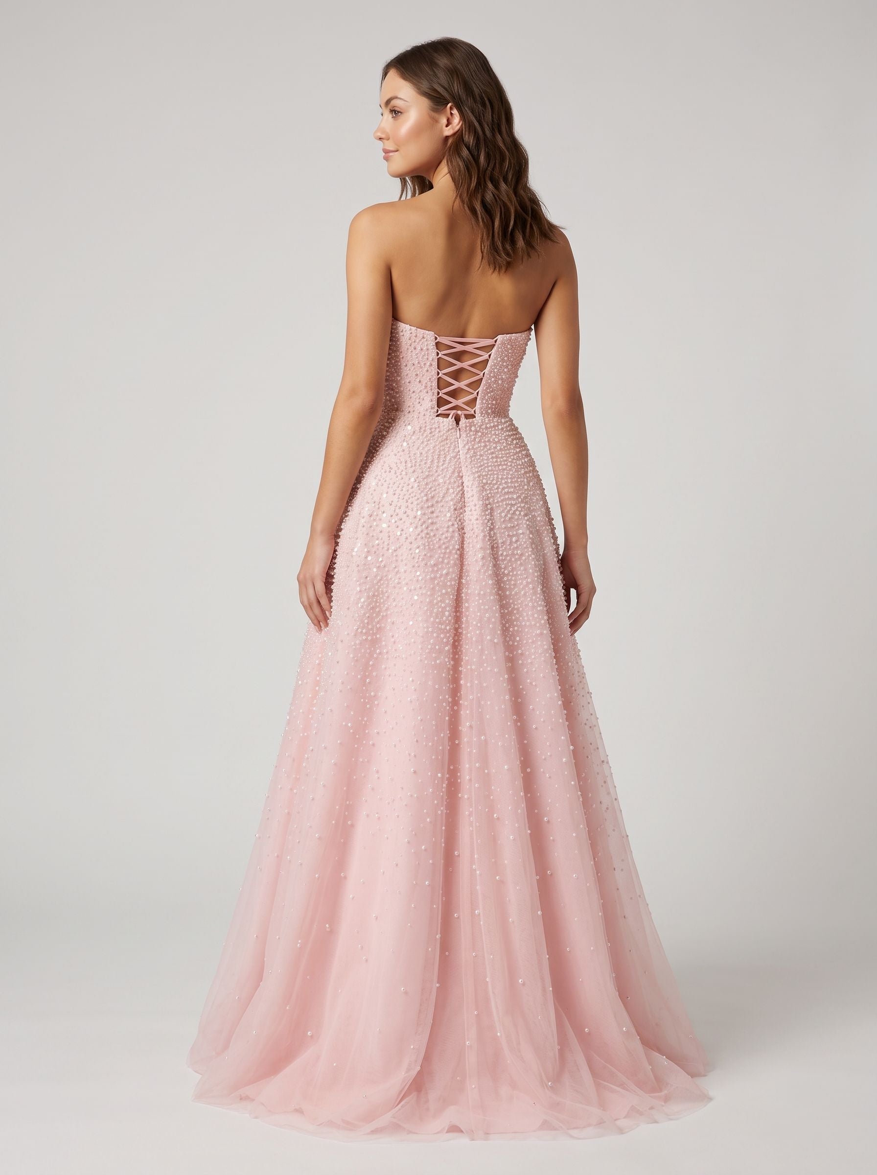 Blush Satin A-Line Straight Neck Corset Back Floor-Length Dress with Pearl Accents and Pockets