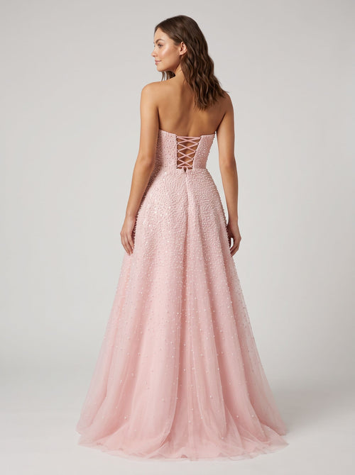 Blush Satin A-Line Straight Neck Corset Back Floor-Length Dress with Pearl Accents and Pockets