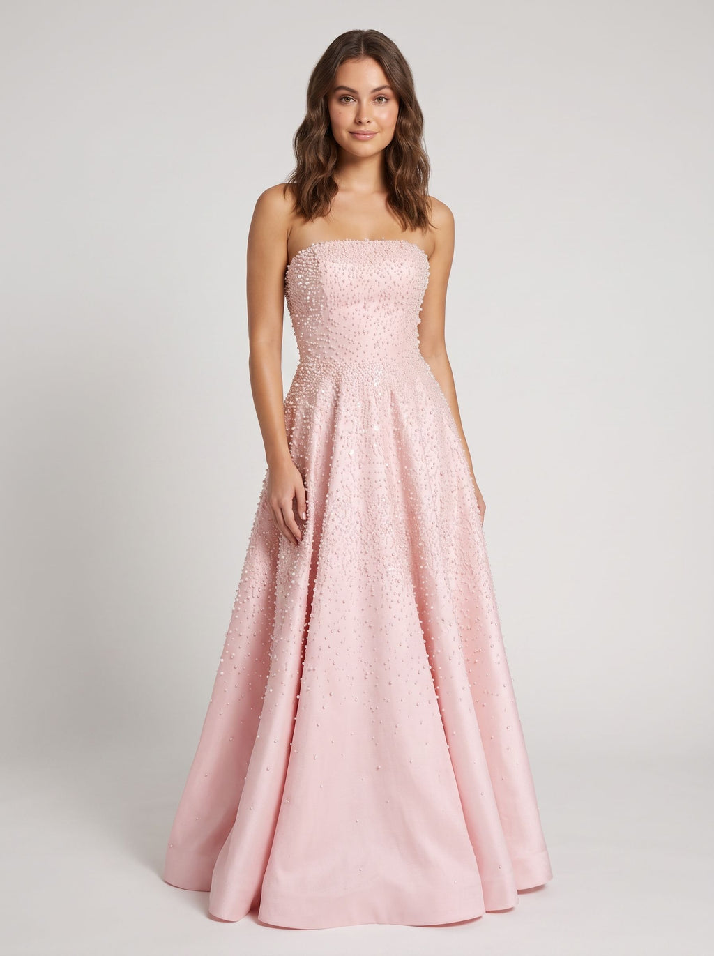 Blush Satin A-Line Straight Neck Corset Back Floor-Length Dress with Pearl Accents and Pockets