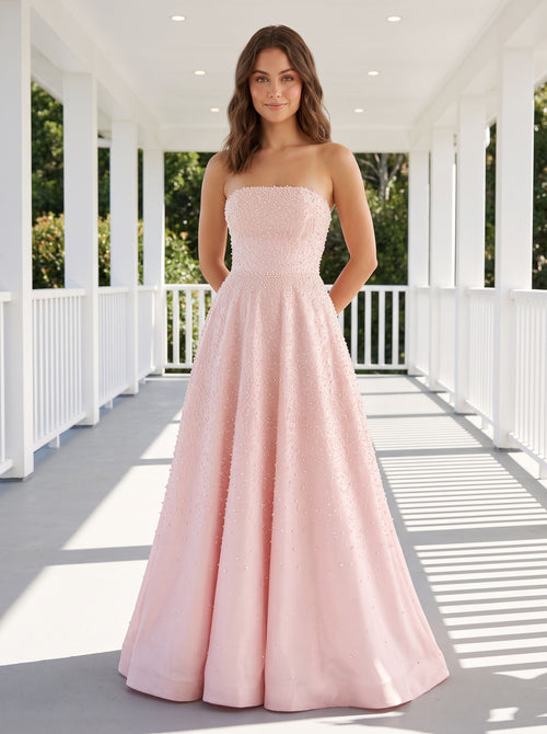 Blush Satin A-Line Straight Neck Corset Back Floor-Length Dress with Pearl Accents and Pockets
