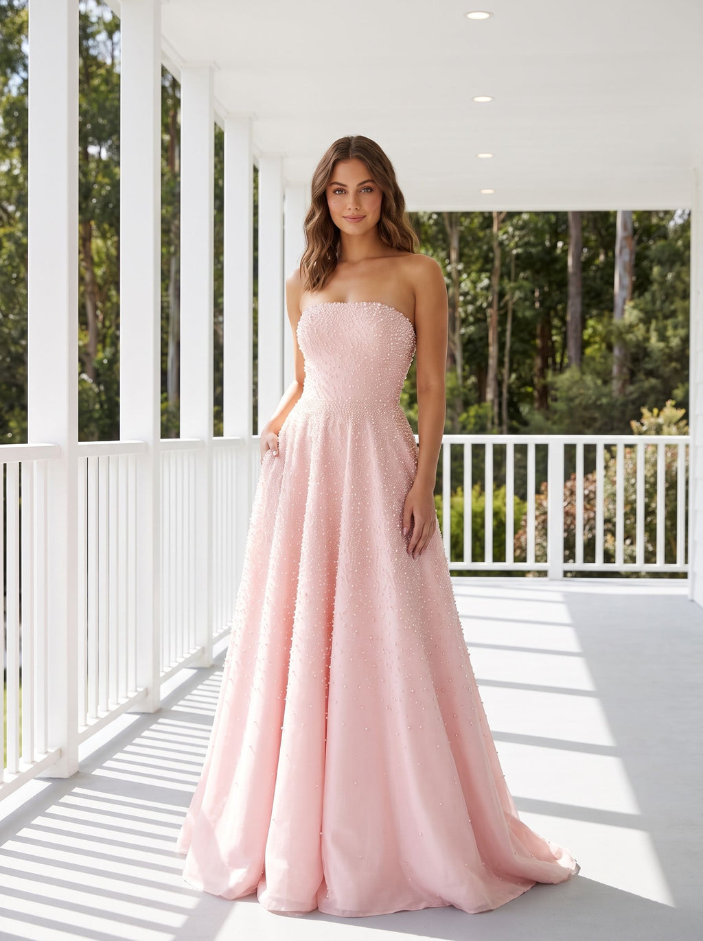 Blush Satin A-Line Straight Neck Corset Back Floor-Length Dress with Pearl Accents and Pockets