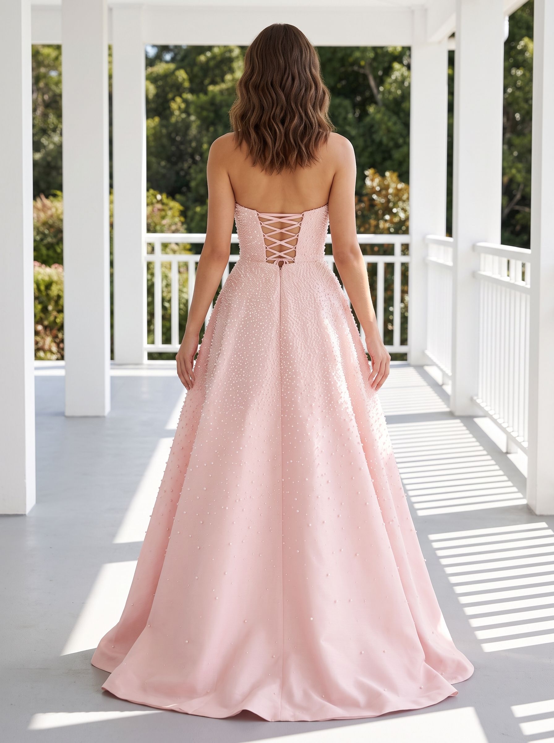 Blush Satin A-Line Straight Neck Corset Back Floor-Length Dress with Pearl Accents and Pockets
