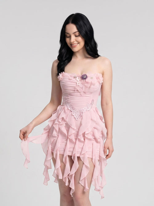 Blush Pink Chiffon A-Line Straight Neck Back Zip Short Dress with Jellyfish Hemline