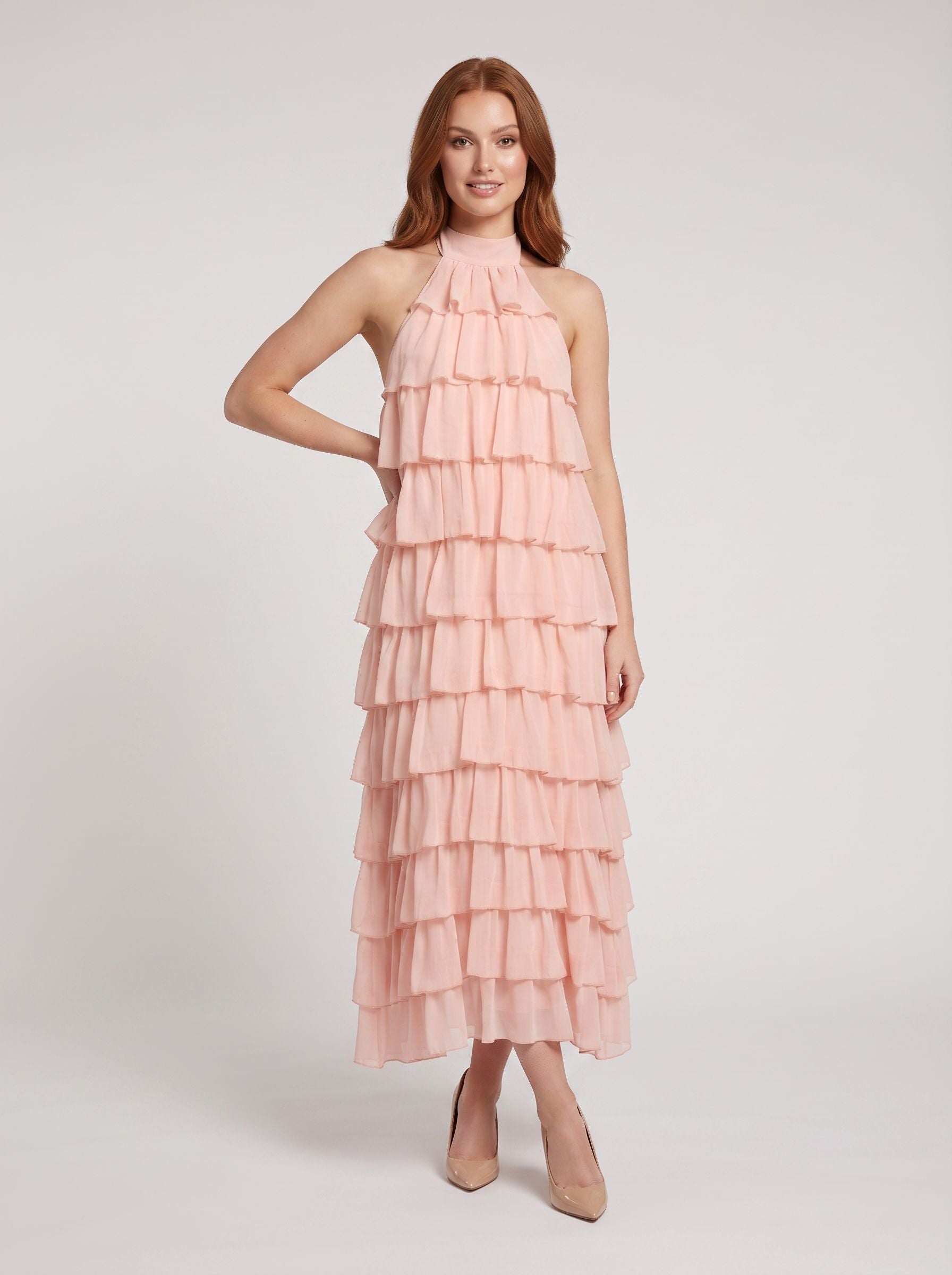 Blushing Pink Chiffon A-Line Halter neckline Backless Floor-Length Dress with Tiered Ruffle Skirt
