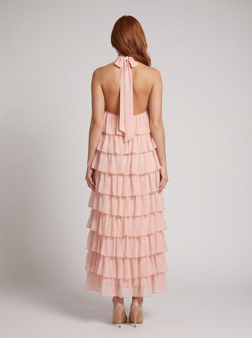 Blushing Pink Chiffon A-Line Halter neckline Backless Floor-Length Dress with Tiered Ruffle Skirt