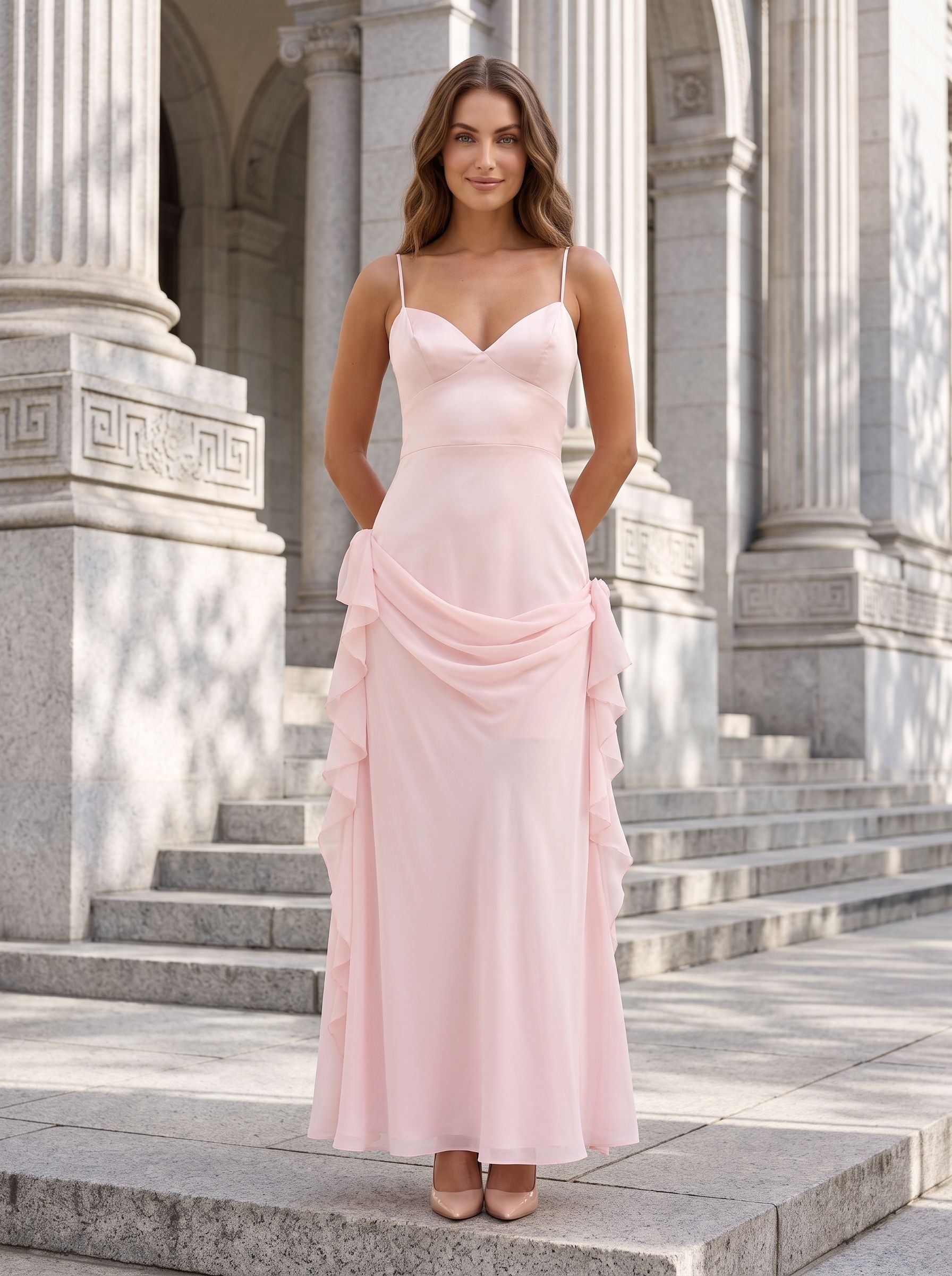 Blushing Pink Chiffon A-Line V-Neck Back Zip Floor-Length Dress with Rosette Accent