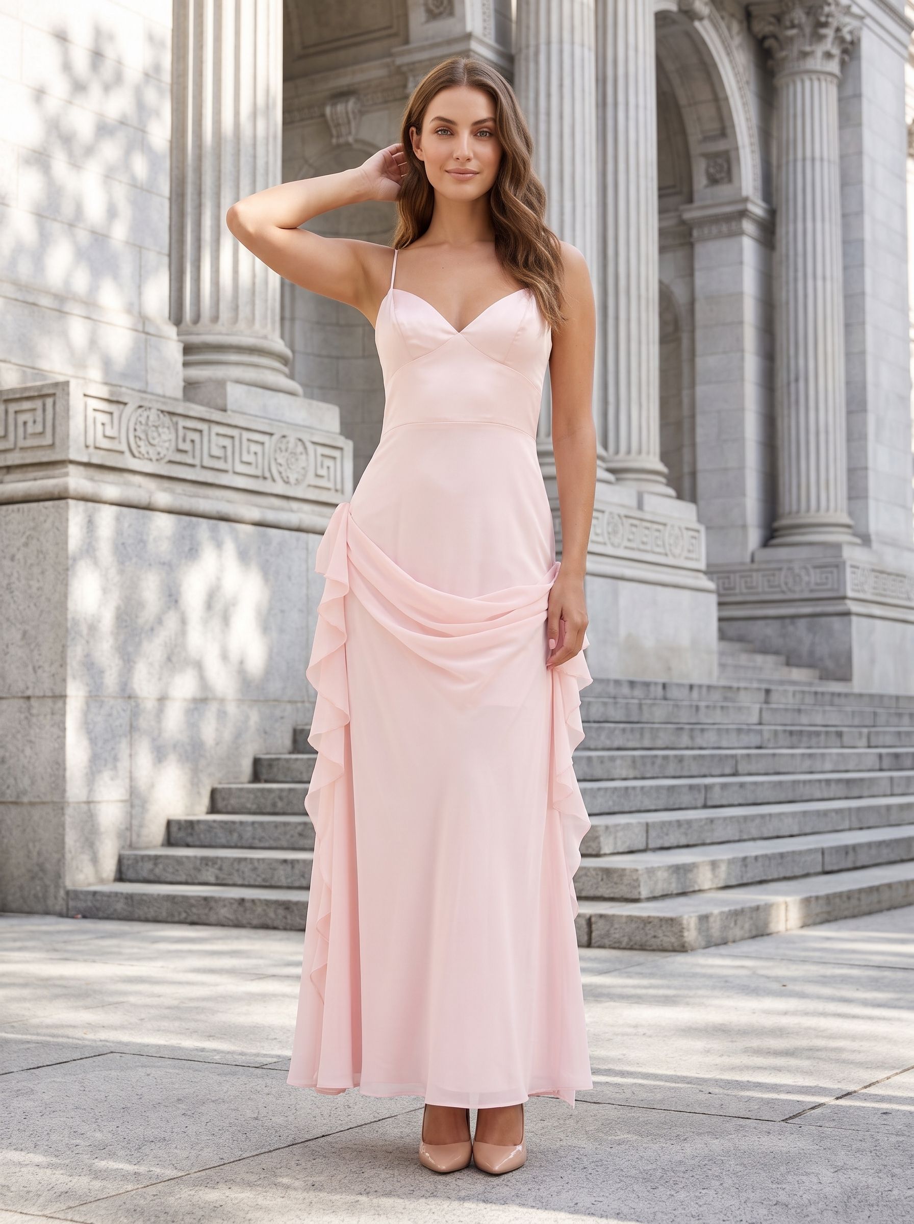 Blushing Pink Chiffon A-Line V-Neck Back Zip Floor-Length Dress with Rosette Accent