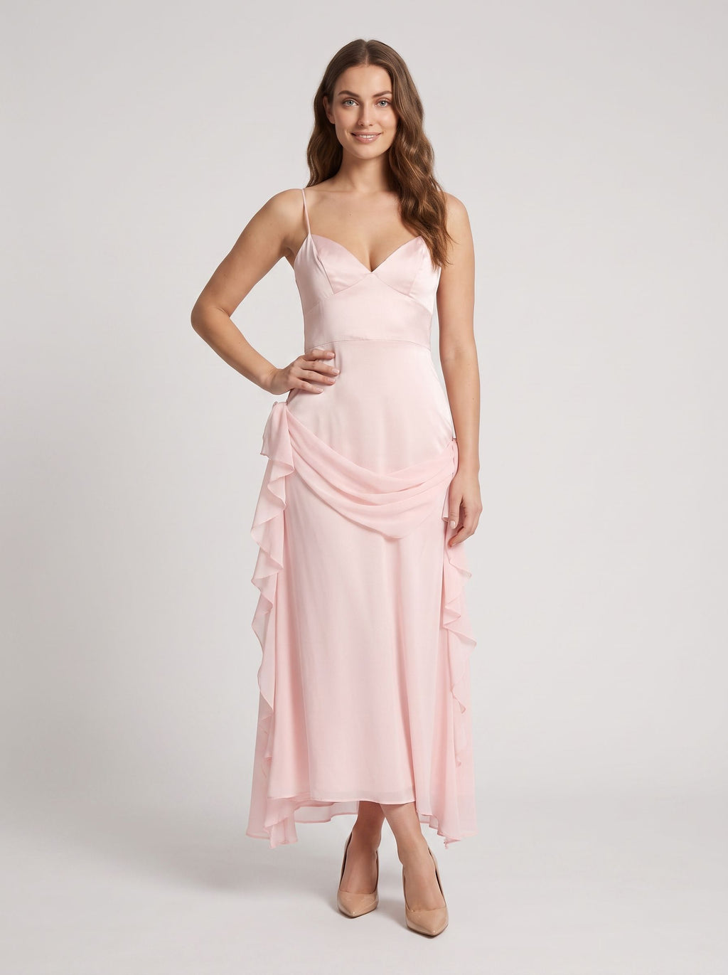 Blushing Pink Chiffon A-Line V-Neck Back Zip Floor-Length Dress with Rosette Accent