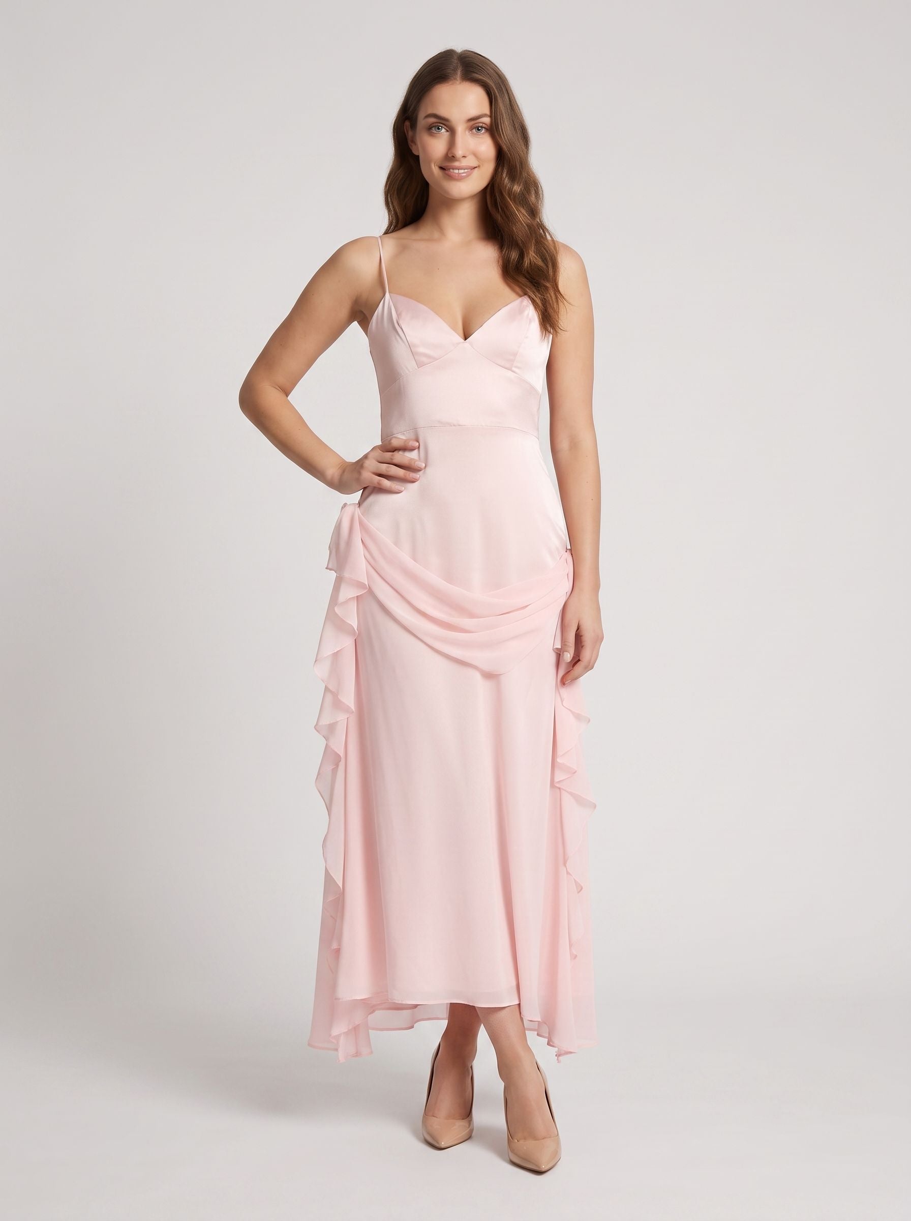 Blushing Pink Chiffon A-Line V-Neck Back Zip Floor-Length Dress with Rosette Accent