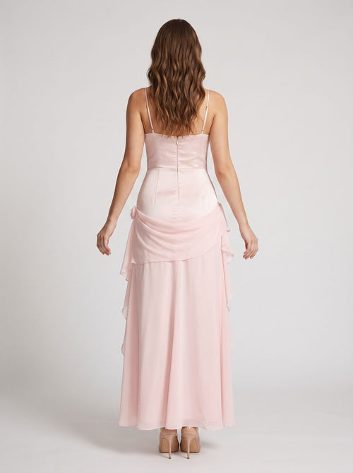 Blushing Pink Chiffon A-Line V-Neck Back Zip Floor-Length Dress with Rosette Accent