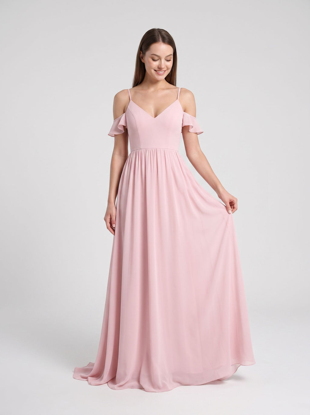 Blushing Pink Chiffon Empire V-Neck V-Back Floor-Length Dress with Spaghetti straps and sweep train