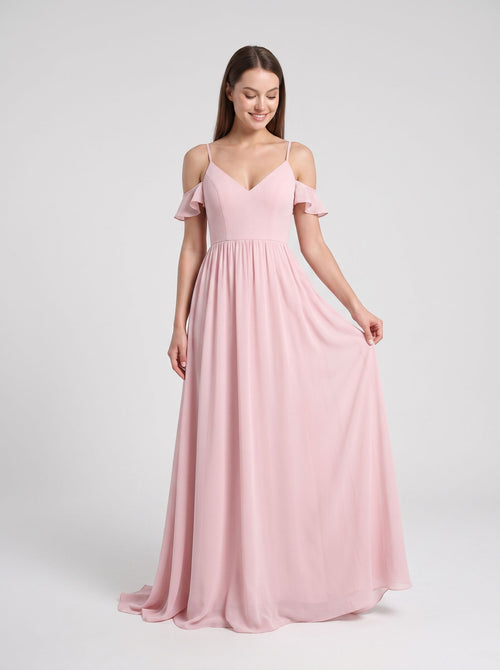 Blushing Pink Chiffon Empire V-Neck V-Back Floor-Length Dress with Spaghetti straps and sweep train