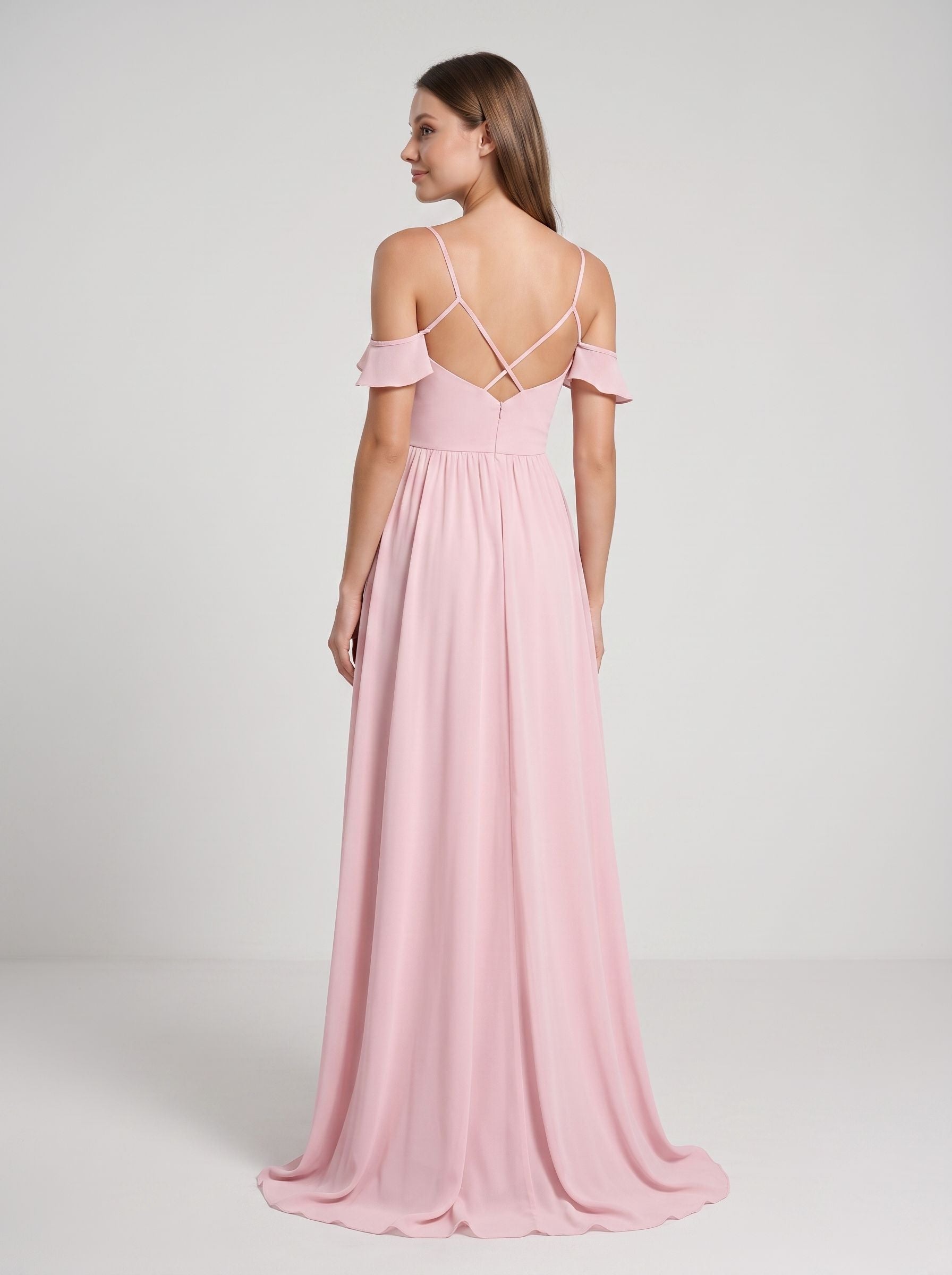 Blushing Pink Chiffon Empire V-Neck V-Back Floor-Length Dress with Spaghetti straps and sweep train