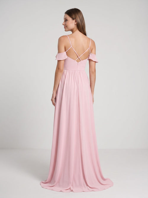 Blushing Pink Chiffon Empire V-Neck V-Back Floor-Length Dress with Spaghetti straps and sweep train