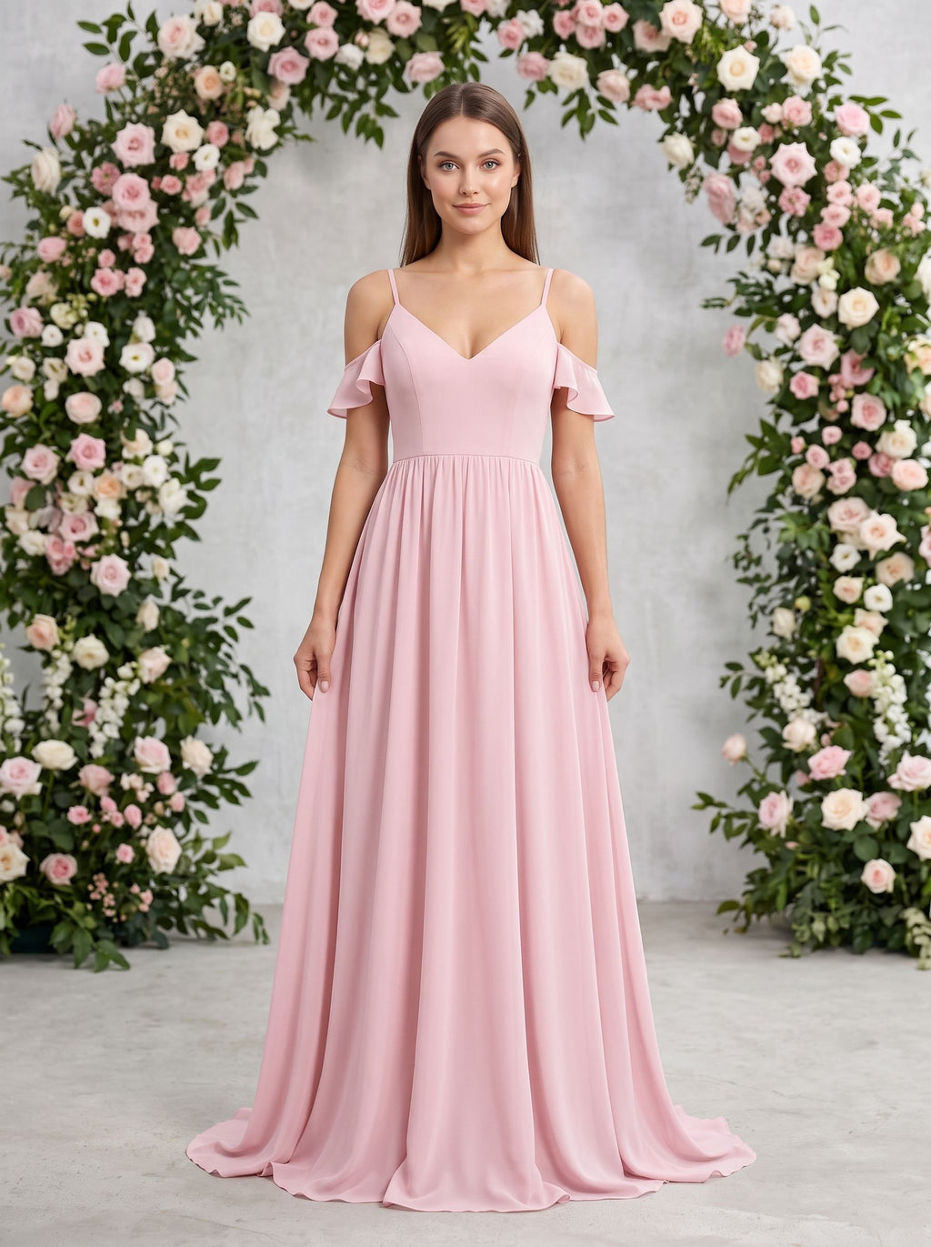 Blushing Pink Chiffon Empire V-Neck V-Back Floor-Length Dress with Spaghetti straps and sweep train