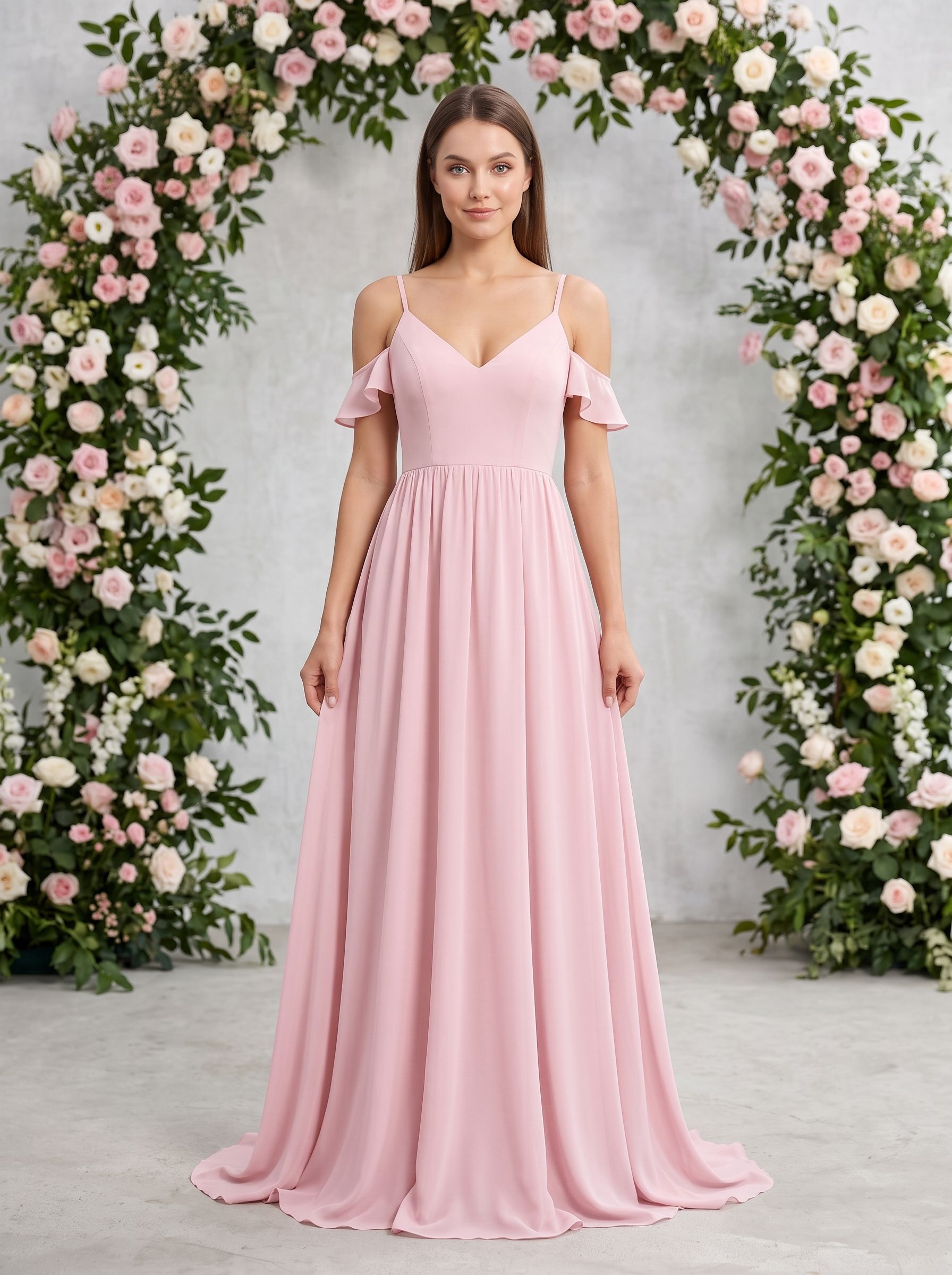 Blushing Pink Chiffon Empire V-Neck V-Back Floor-Length Dress with Spaghetti straps and sweep train
