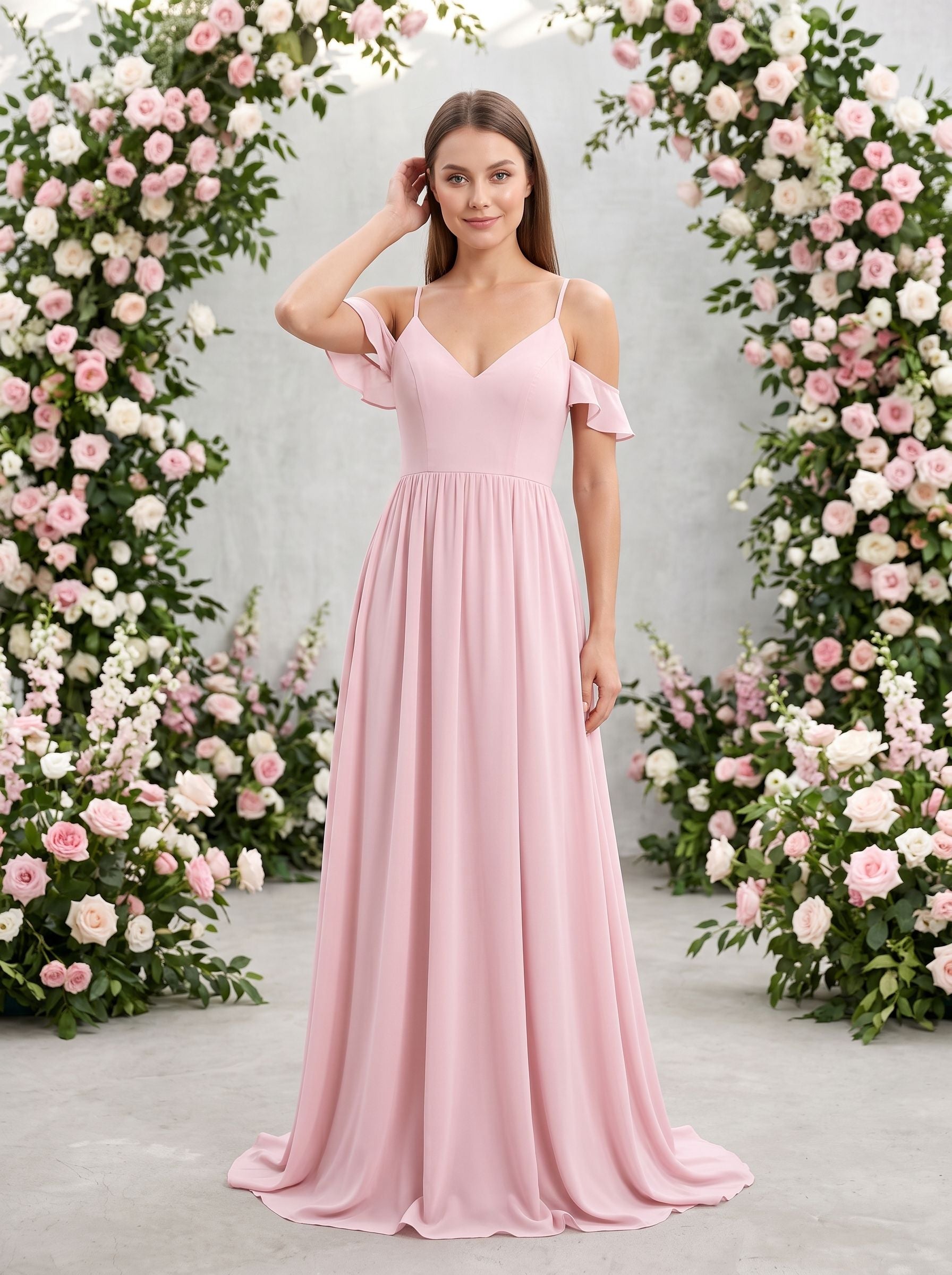 Blushing Pink Chiffon Empire V-Neck V-Back Floor-Length Dress with Spaghetti straps and sweep train