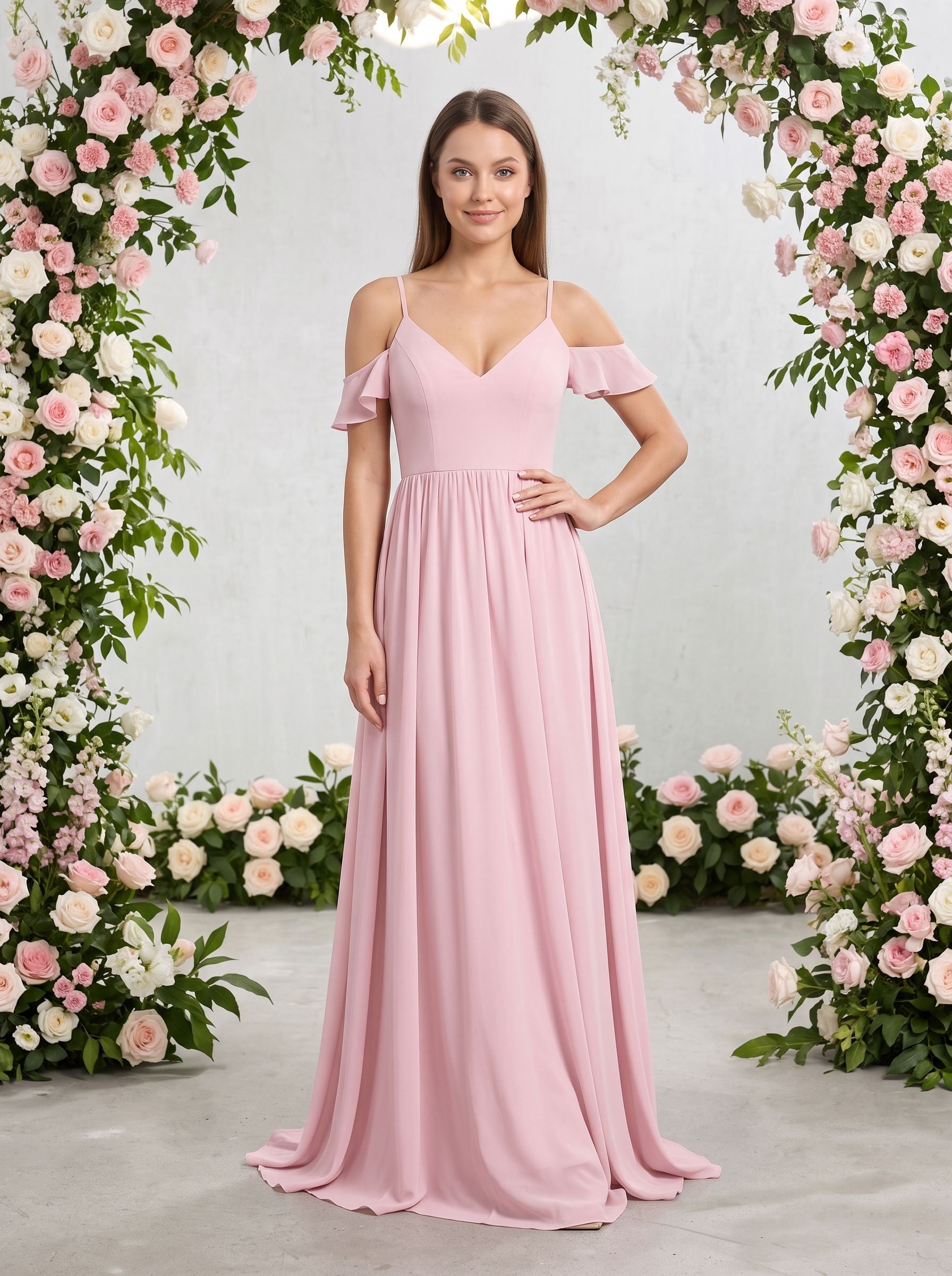 Blushing Pink Chiffon Empire V-Neck V-Back Floor-Length Dress with Spaghetti straps and sweep train